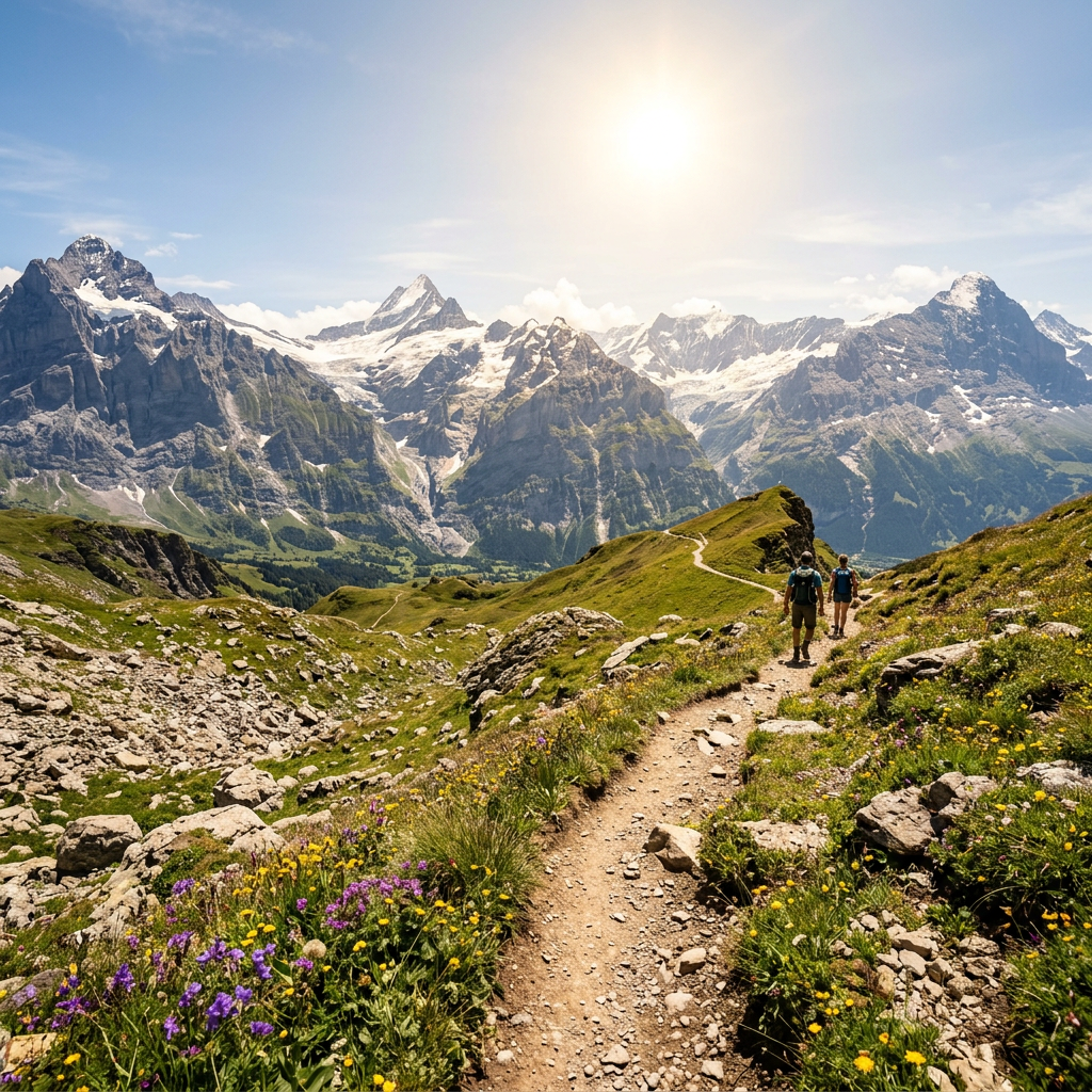 Two hikers on a flower-lined trail beneath snowcapped alpine mountains