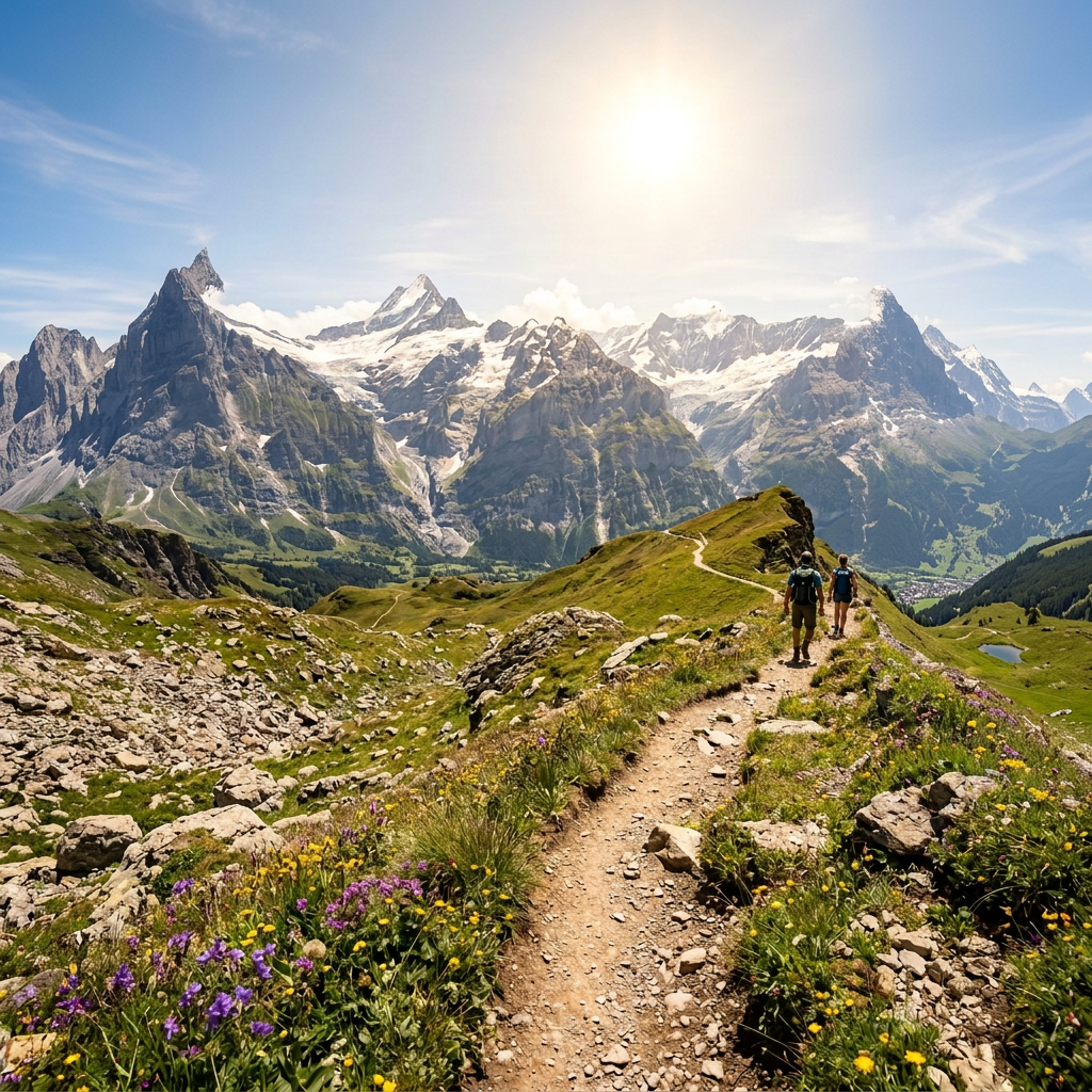 Two hikers on a flower-lined trail beneath snowcapped alpine mountains